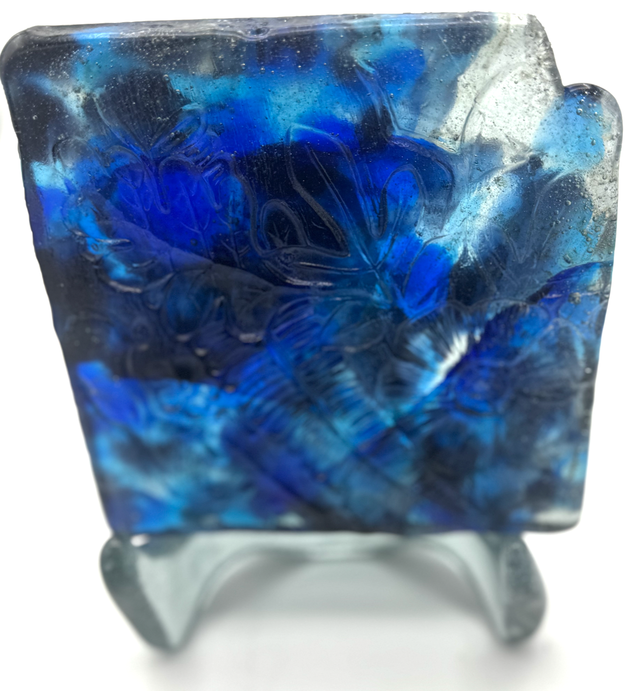 6 x 6 x 1/2 Inch Pressed Glass Tile - Cobalt, Medium Blue and Clear (Flowers and Leaves)
