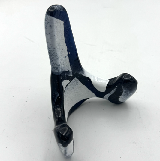 Handmade Kiln-Formed Glass Easel (small 5" x 4" x 2.5") - Opaque Orca White and Black/Blue