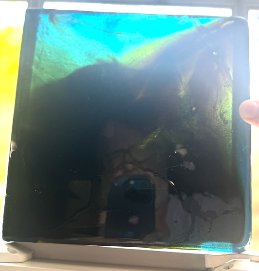 Blenko Dalle de Verre (Pony Size 8 x 8) - Cyan / Aqua background with Dark Amber