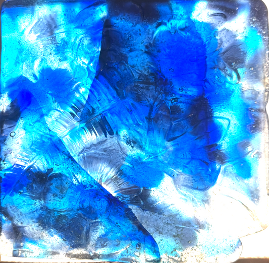 6 x 6 x 1/2 Inch Pressed Glass Tile - Cobalt, Medium Blue and Clear (Flowers and Leaves)