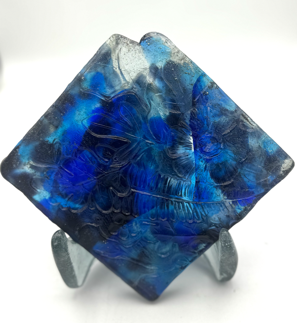 6 x 6 x 1/2 Inch Pressed Glass Tile - Cobalt, Medium Blue and Clear (Flowers and Leaves)
