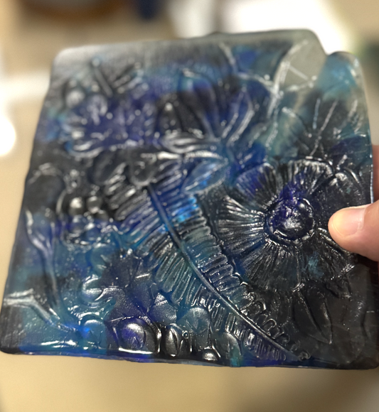 6 x 6 x 1/2 Inch Pressed Glass Tile - Cobalt, Medium Blue and Clear (Flowers and Leaves)