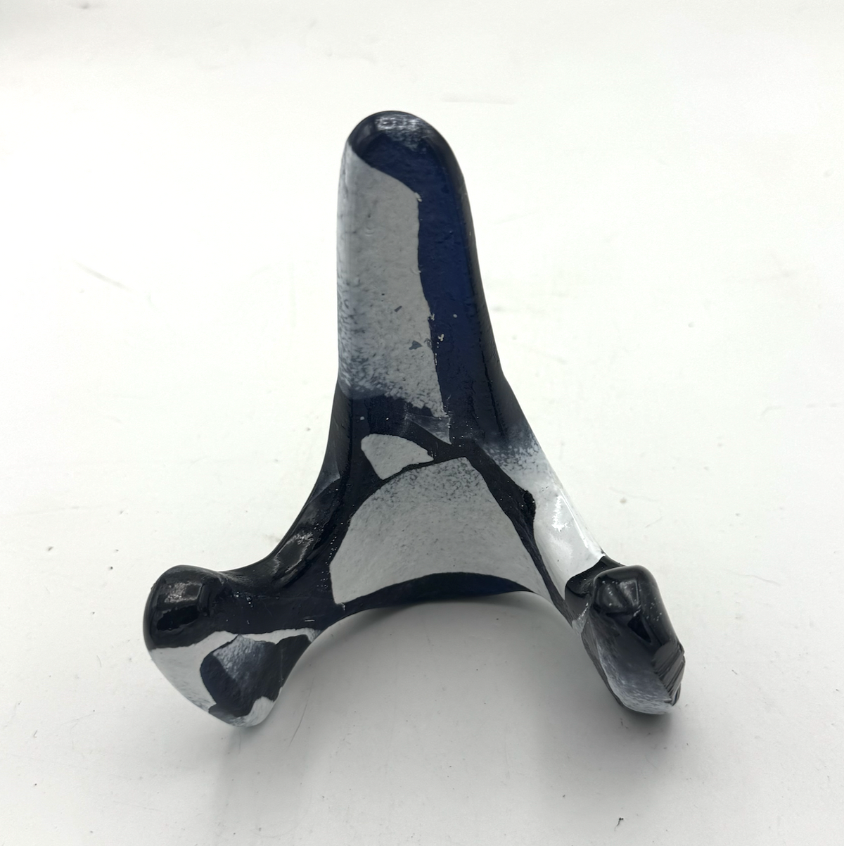 Handmade Kiln-Formed Glass Easel (small 5" x 4" x 2.5") - Opaque Orca White and Black/Blue