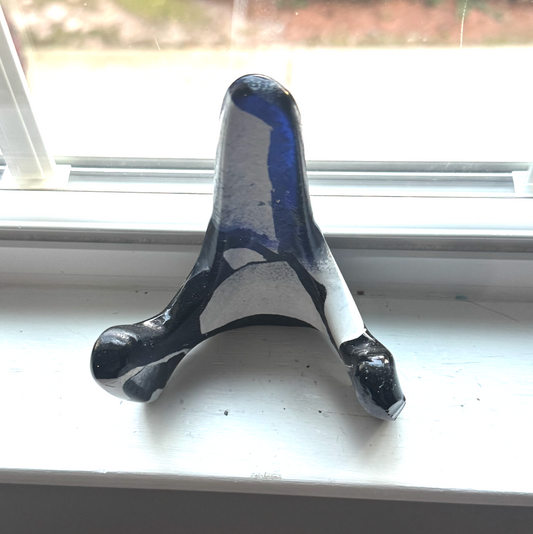 Handmade Kiln-Formed Glass Easel (small 5" x 4" x 2.5") - Opaque Orca White and Black/Blue