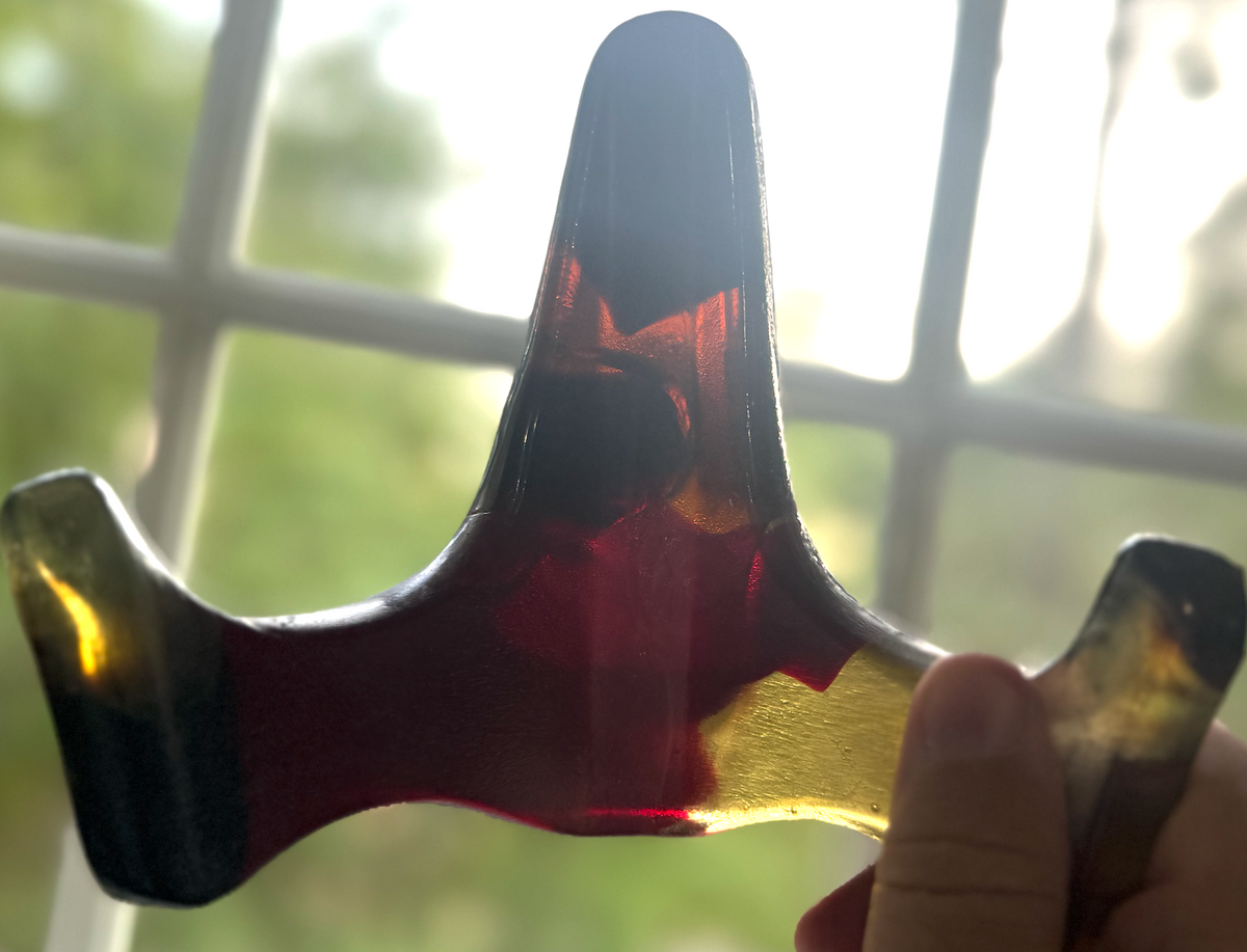 Handmade Kiln-Formed Glass Easel (medium 6" x 5.5" x 4") - Deep Red in Golden Honey
