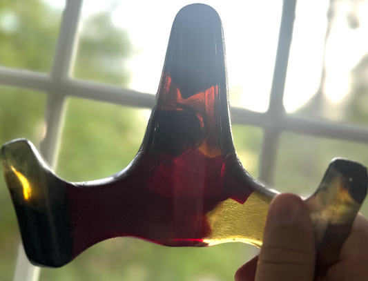 Handmade Kiln-Formed Glass Easel (medium 6" x 5.5" x 4") - Deep Red in Golden Honey