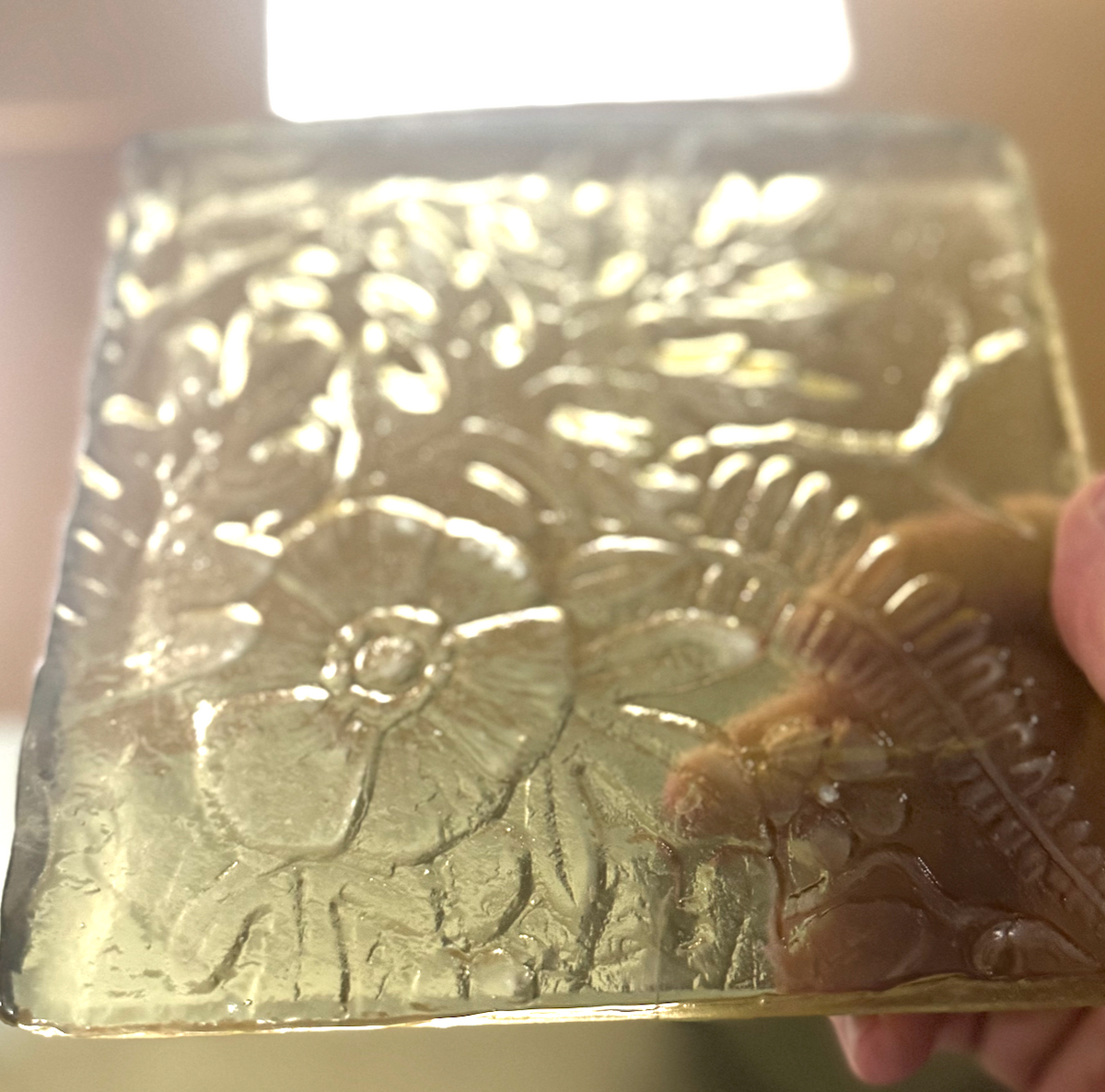 6 x 6 x 1/2 Inch Pressed Glass Tile - Champaign Yellow (Flowers and Leaves)