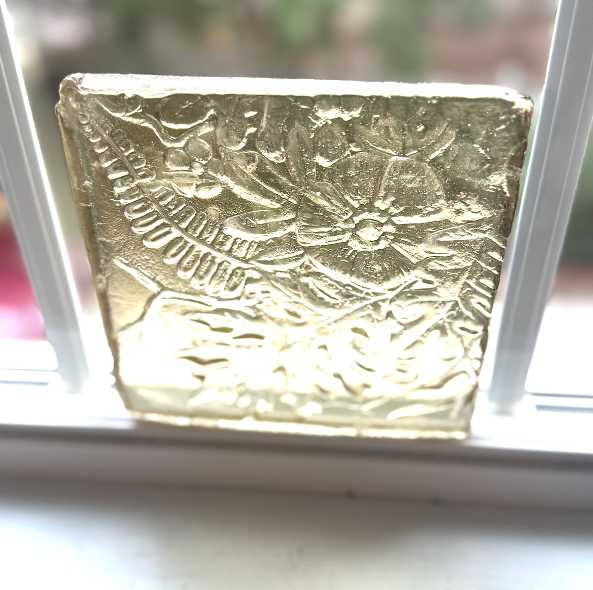 6 x 6 x 1/2 Inch Pressed Glass Tile - Champaign Yellow (Flowers and Leaves)