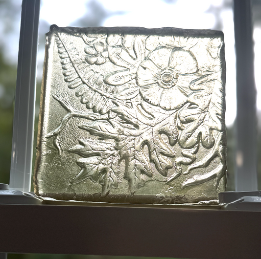 6 x 6 x 1/2 Inch Pressed Glass Tile - Champaign Yellow (Flowers and Leaves)