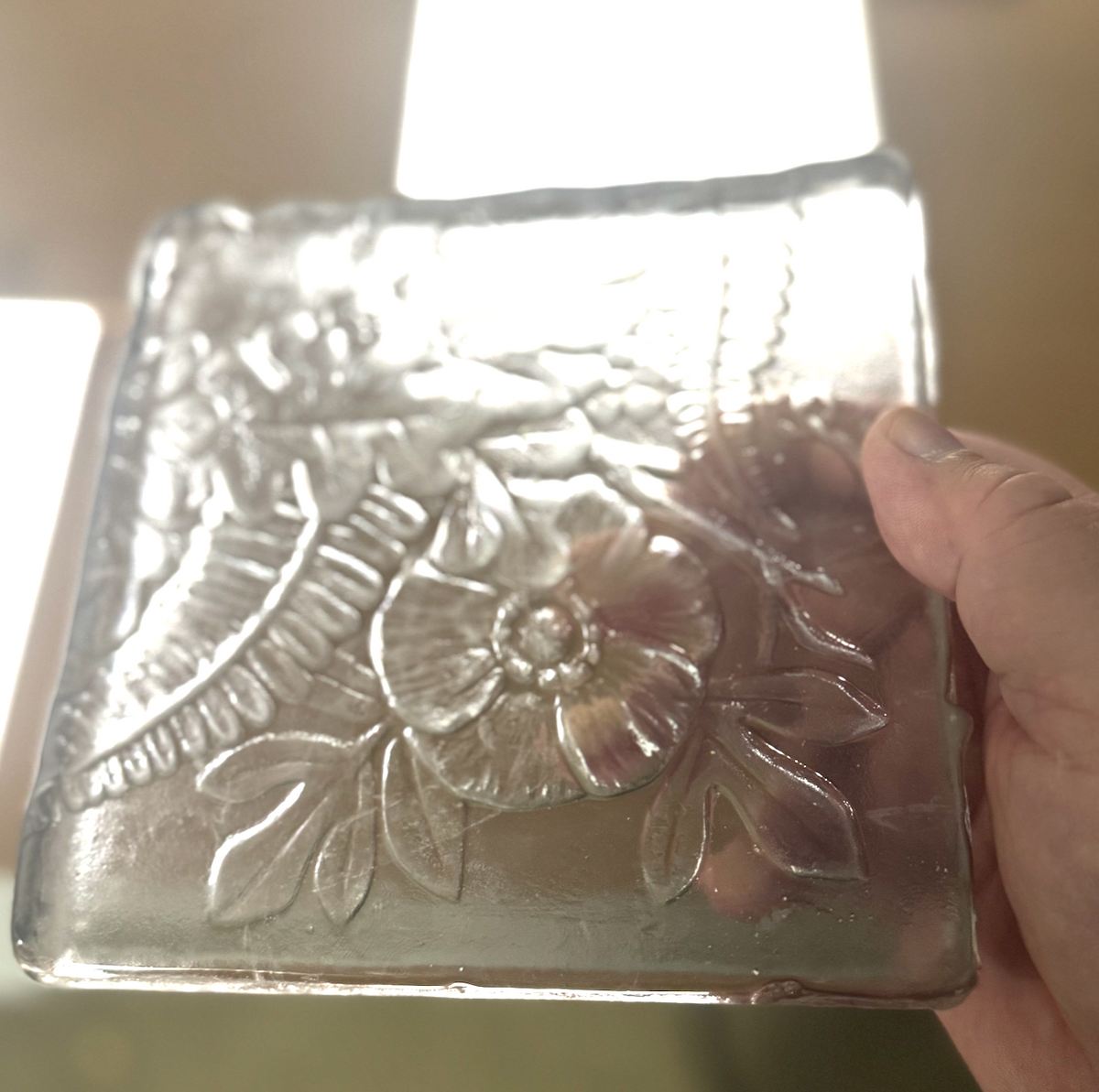 6 x 6 x 1/2 Inch Pressed Glass Tile - Clear (Flowers and Leaves)