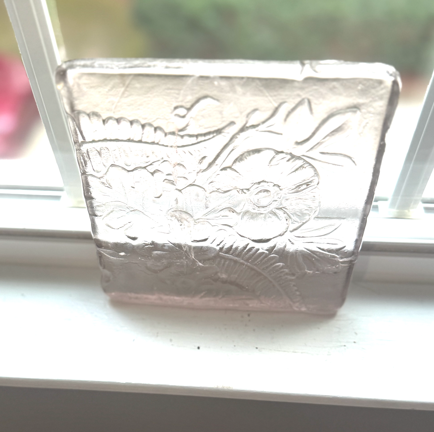 6 x 6 x 1/2 Inch Pressed Glass Tile - Clear (Flowers and Leaves)